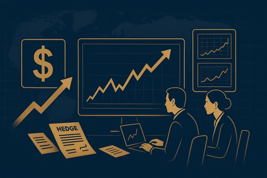 Analistas em mesa de câmbio observando gráfico do dólar e contratos de hedge