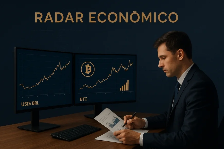 Mesa de operação analisando gatilho de contrato ligado a dólar e bitcoin