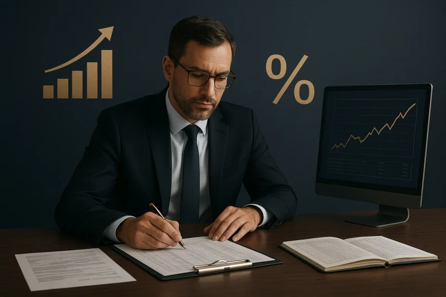 CFO analisando fluxo de caixa e contratos bancários em reunião