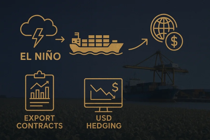 Mesa de câmbio analisando contratos de exportação e mapas climáticos