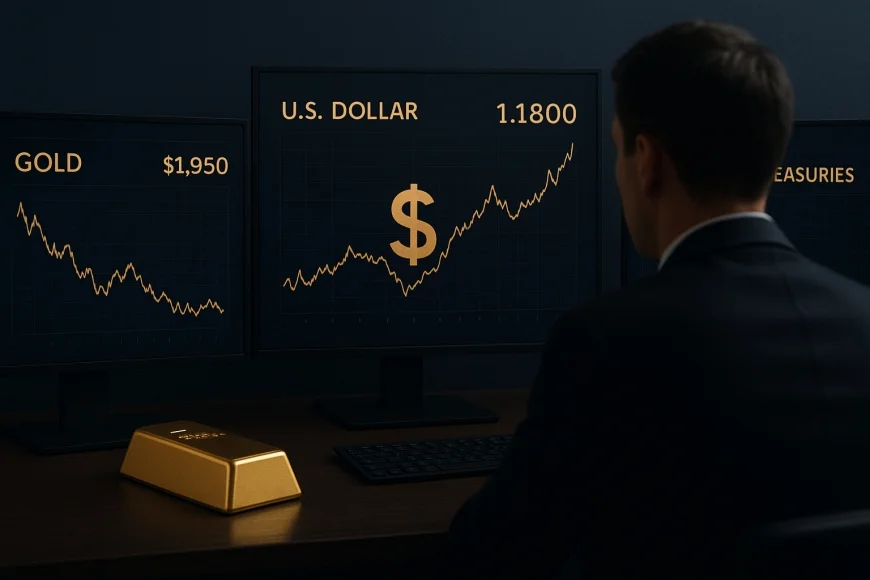 Analista em mesa de câmbio acompanhando ouro, dólar e Treasuries