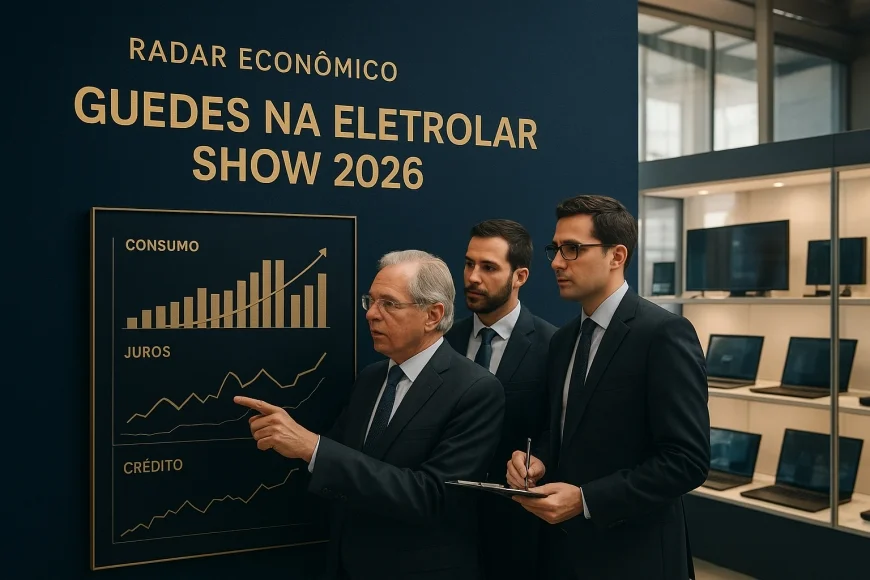 Executivos analisando gráficos de consumo e crédito em feira de eletrônicos