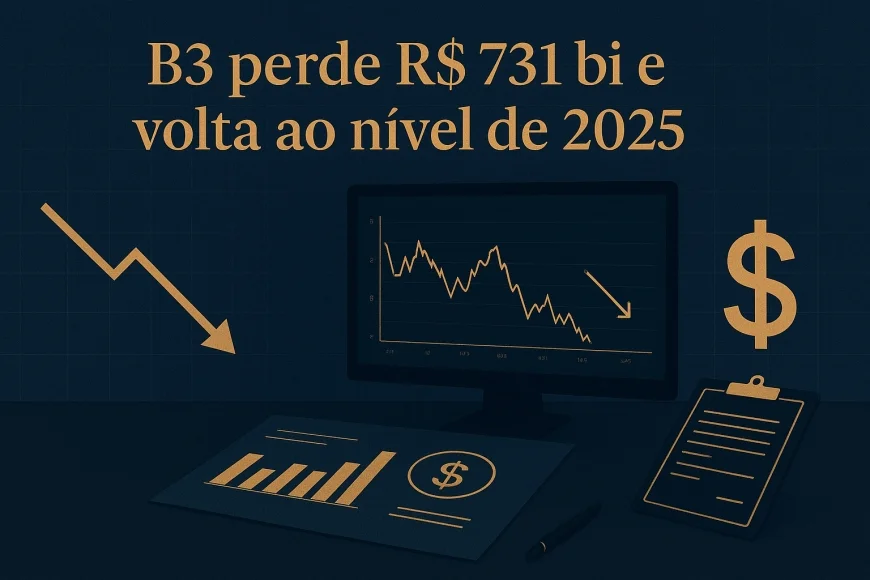 Analista financeiro observa gráficos de bolsa e dólar em mesa corporativa