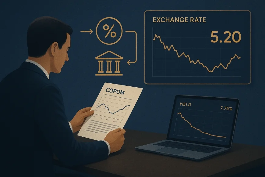Analista financeiro revisando curva de juros e documentos do Copom em mesa de trabalho
