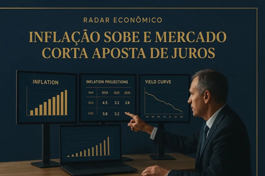 Analistas revisando projeções de inflação e curva de juros em monitores