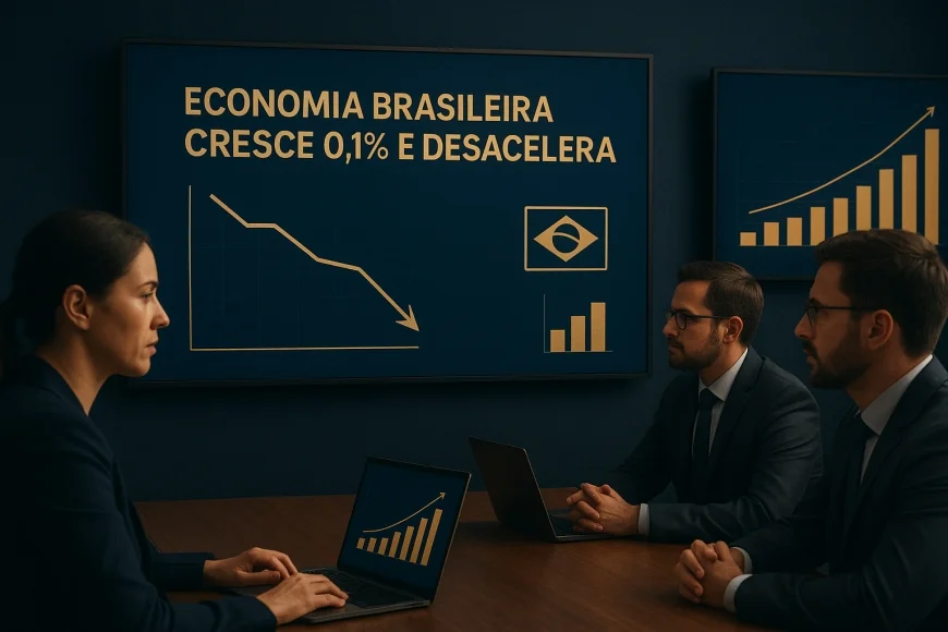 Analistas financeiros observando indicadores macroeconômicos em telas com clima de cautela