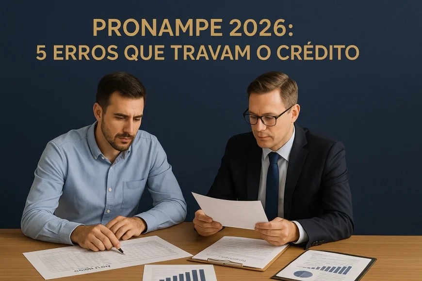 Empresário e gerente analisando documentos de crédito e fluxo de caixa