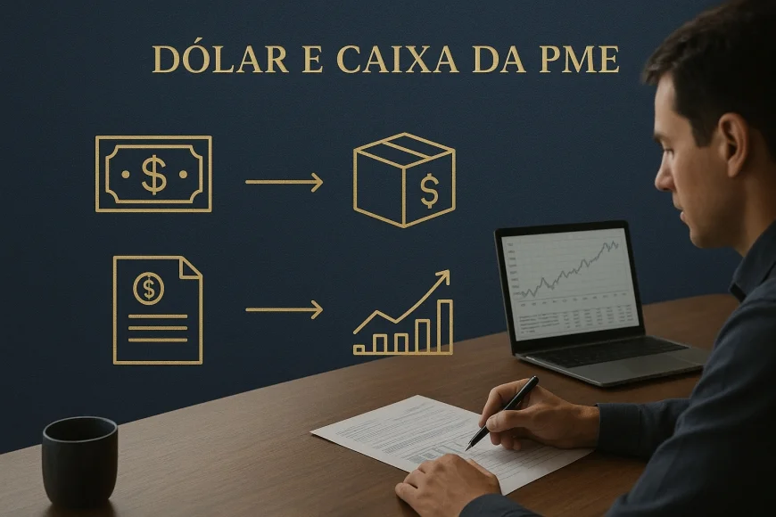 Analista revisando fluxo de caixa em dólar para proteger caixa da PME