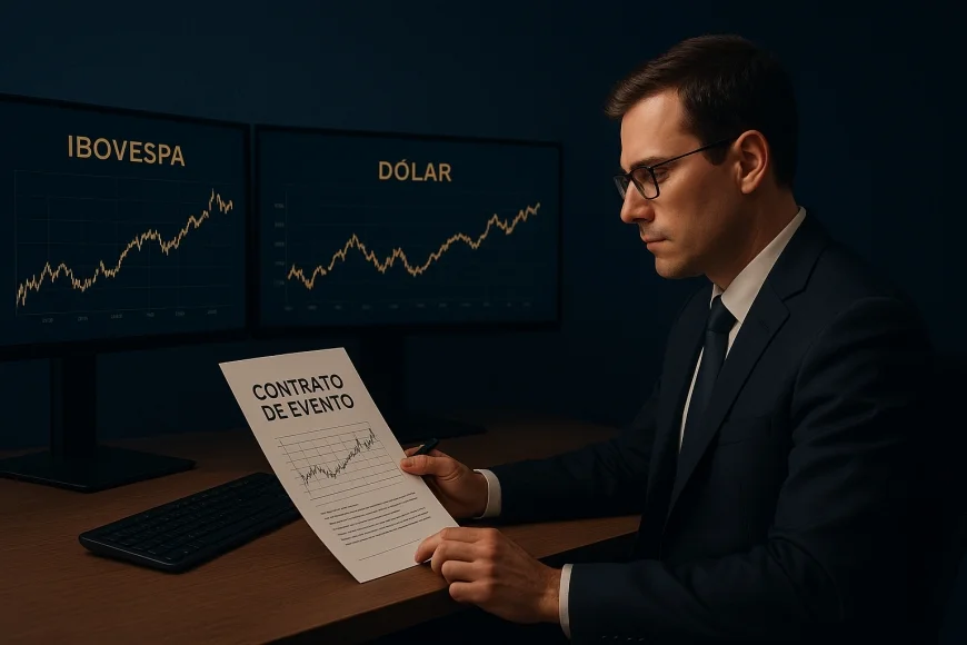 Analista em mesa de operações avaliando derivativos de Ibovespa, dólar e bitcoin