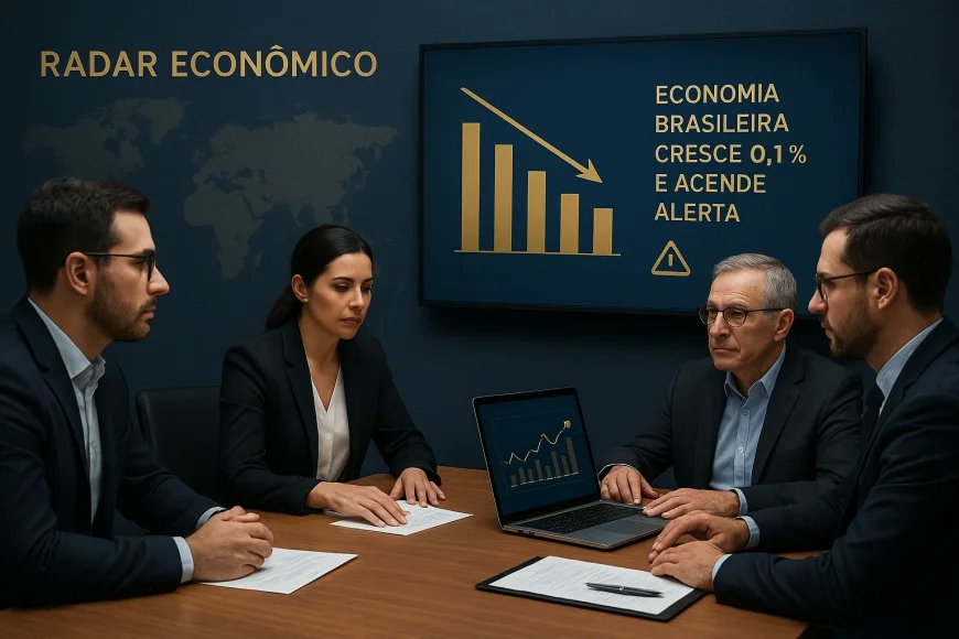 Analistas em reunião observando gráficos de atividade econômica e juros