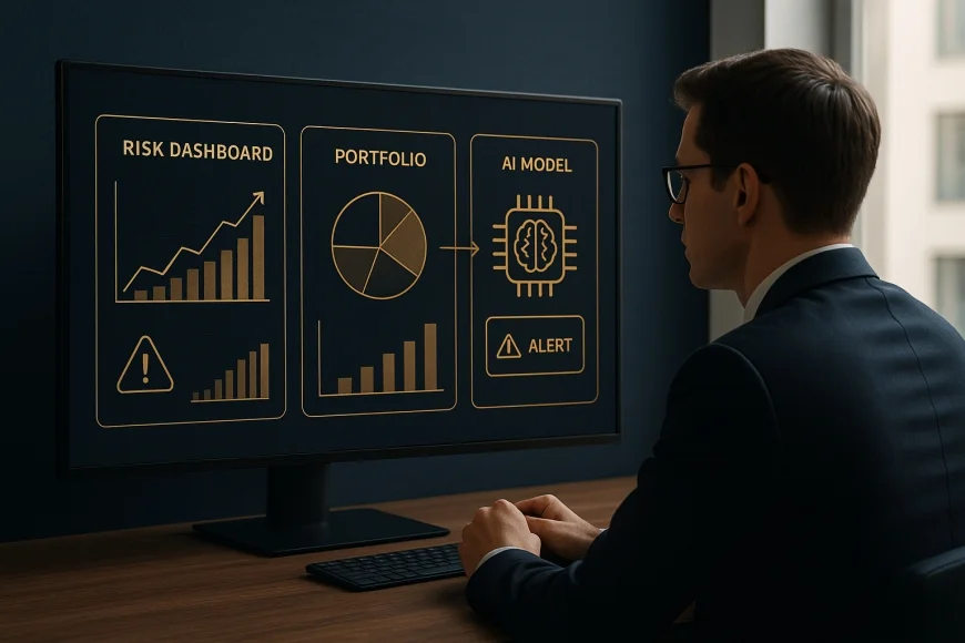 Profissional analisando dashboards de risco e carteira com apoio de IA