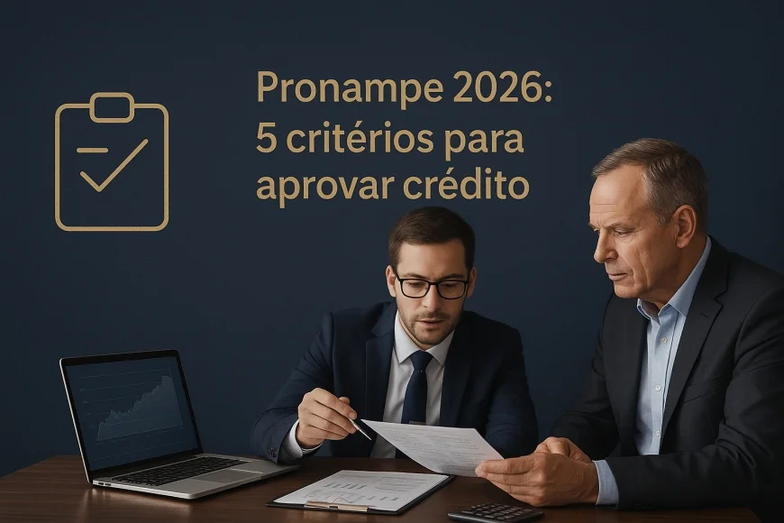 Analista financeiro revisando documentos de crédito empresarial com empresário