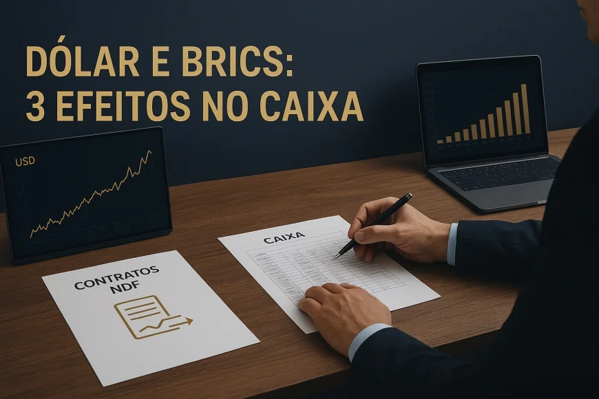 Analista de tesouraria revisando hedge cambial com gráficos de dólar e caixa