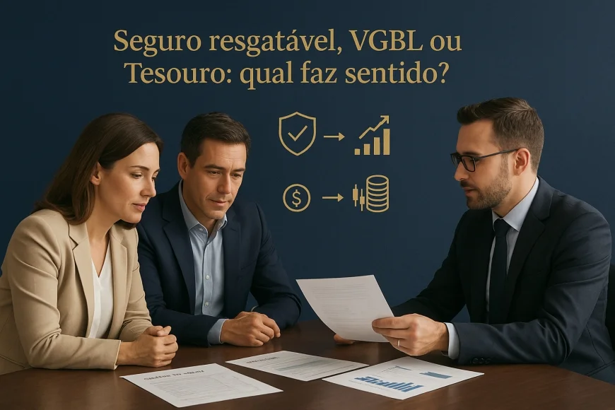 Consultor financeiro analisando apólice, previdência e títulos públicos sobre mesa
