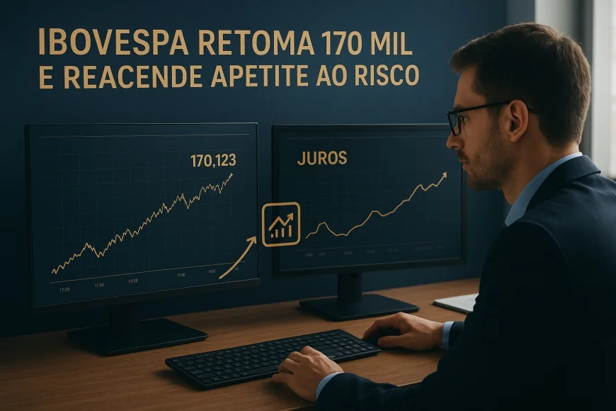 Analista financeiro observando telas com alta da bolsa e curva de juros