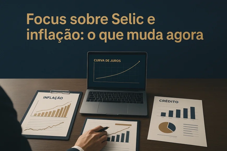 Analistas revisando curva de juros e inflação em mesa financeira moderna