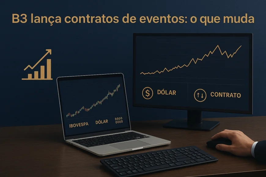 Mesa de operação analisando contrato binário em bolsa com gráficos de índice e câmbio