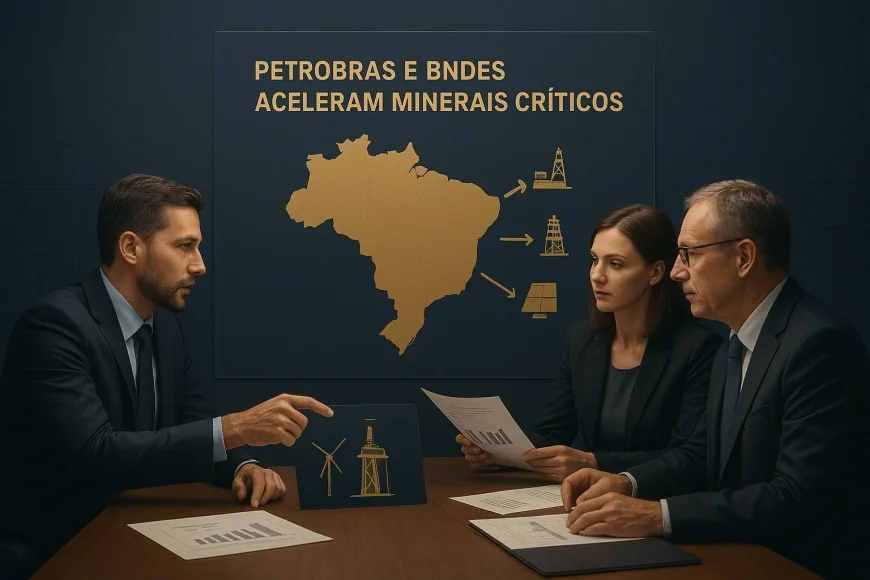 Executivos analisando mapa de minerais estratégicos e financiamento industrial