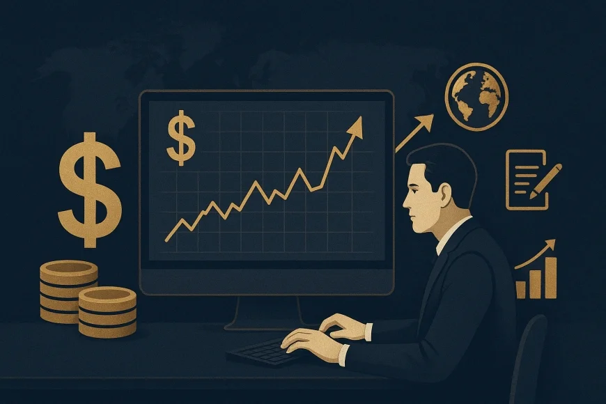 Analista financeiro monitora gráfico do dólar e contratos de hedge cambial