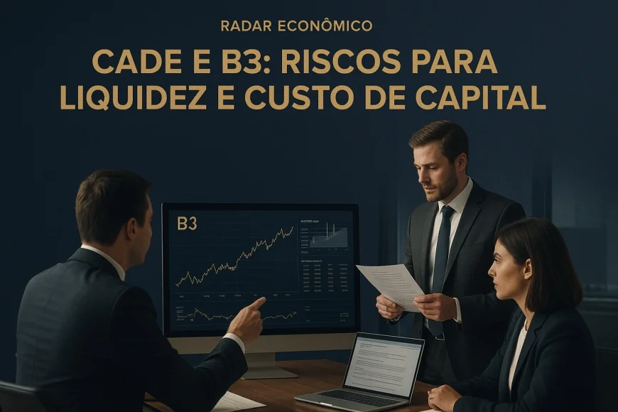 Analistas financeiros revisando liquidez e regulação em tela de mercado
