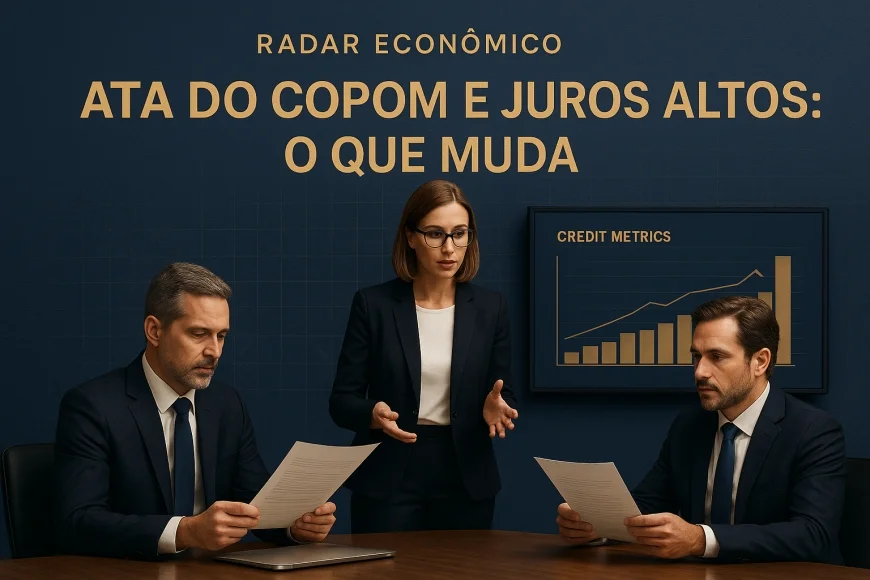 Executivos analisando curva de juros e ata do Copom em reunião corporativa