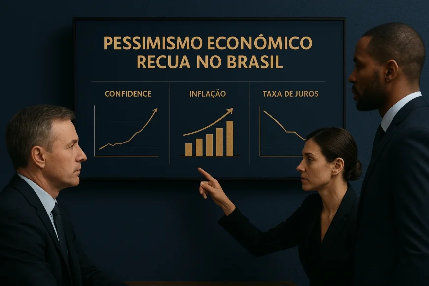 Executivos analisando gráficos de confiança, inflação e juros em reunião econômica