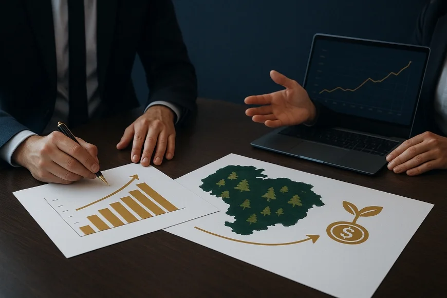 Executivos analisando projeto florestal com gráficos de financiamento