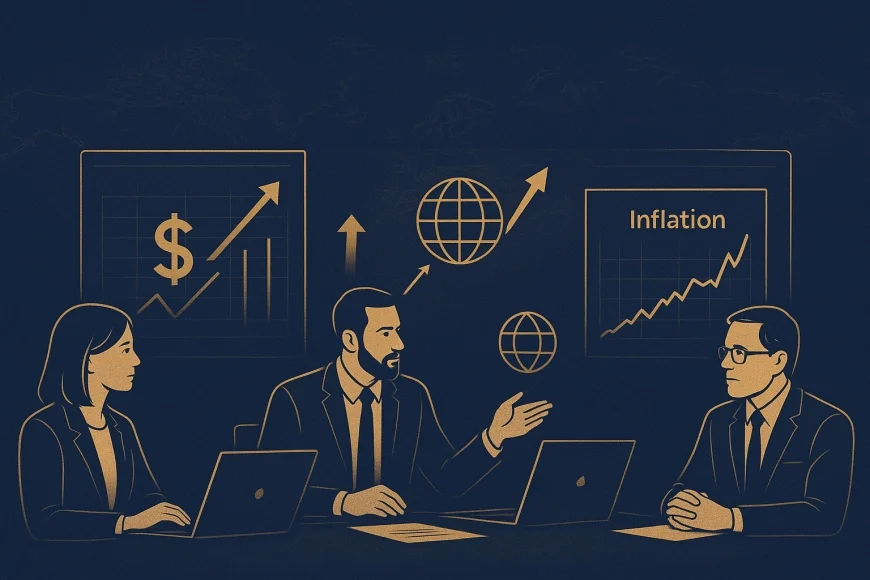 Analistas observando telas com dólar, Treasuries e gráficos de inflação