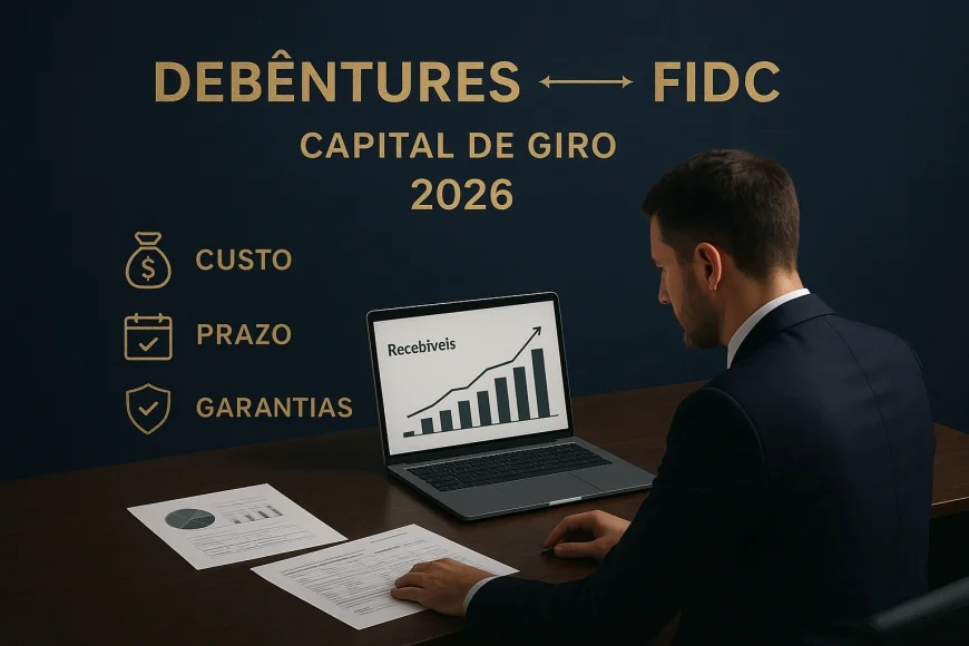 CFO analisando estrutura de funding com gráficos de recebíveis e dívida