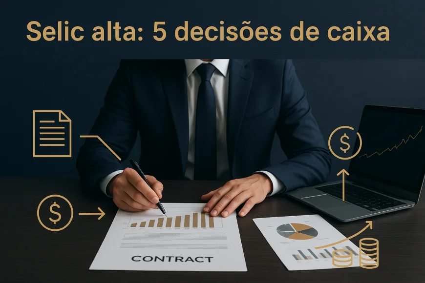 CFO analisando fluxo de caixa e contratos de dívida em mesa corporativa