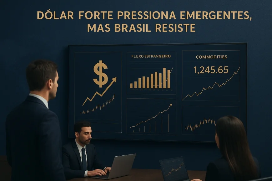 Analistas em mesa cambial monitorando dólar, fluxo externo e commodities