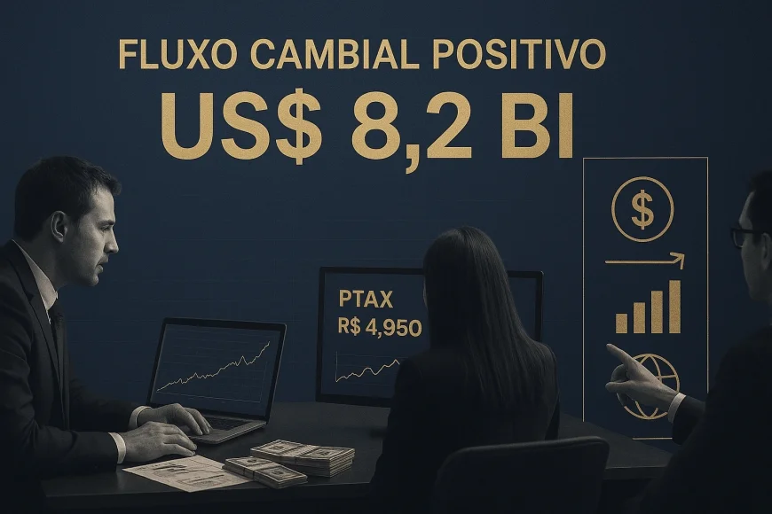 Analistas em mesa de câmbio acompanhando fluxo de dólares e PTAX