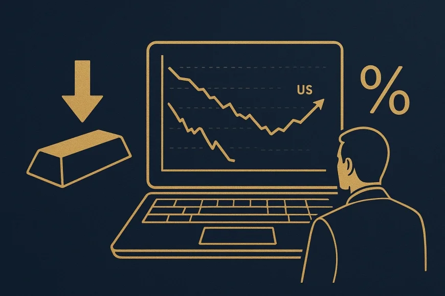 Analista financeiro avaliando gráfico de ouro e dólar em queda e alta