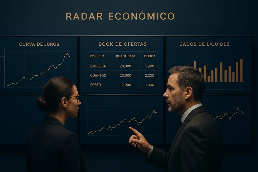 CFO e analista avaliando liquidez, spreads e captação em telas de mercado