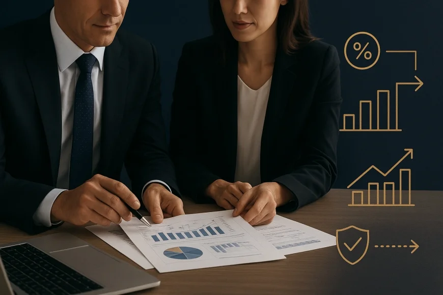 Executivos analisando fluxo de caixa e documentos de crédito estruturado
