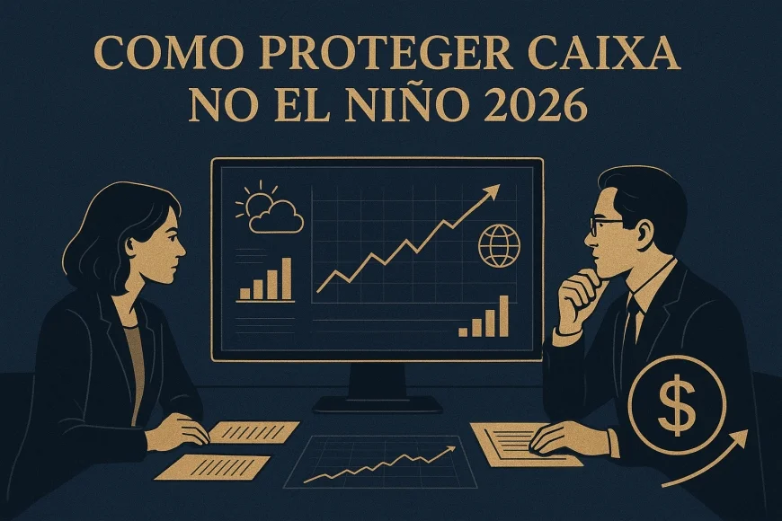 Analistas financeiros revisando gráficos de clima, câmbio e commodities