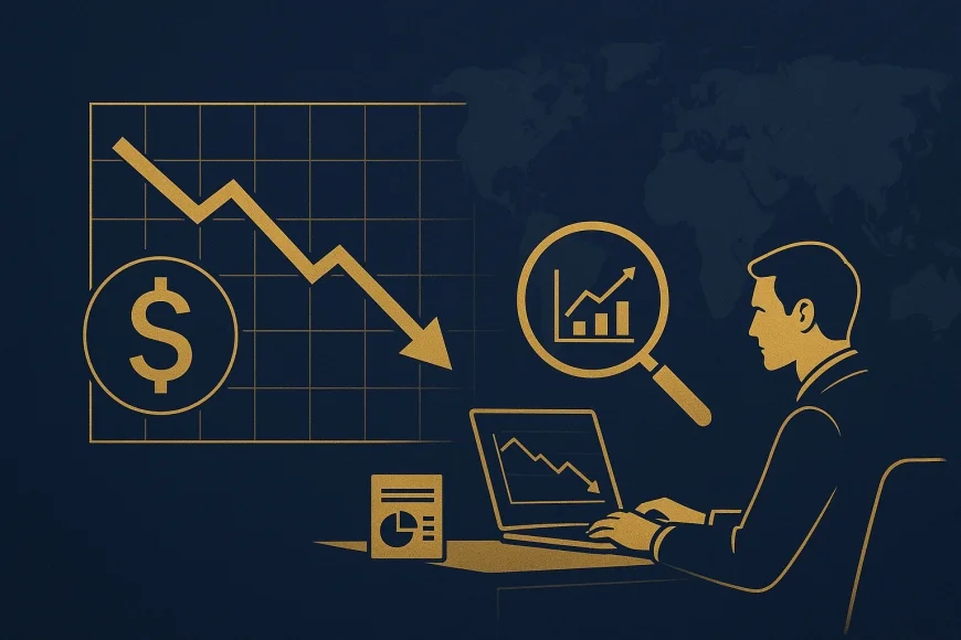 Analista de câmbio avaliando queda do dólar e curva de juros em tela
