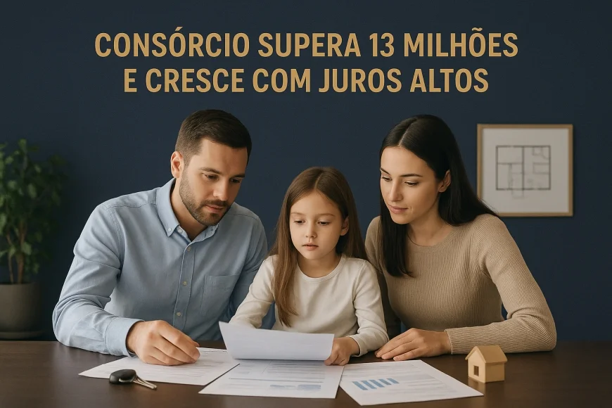 Família analisando documentos de compra planejada com carro e imóvel ao fundo