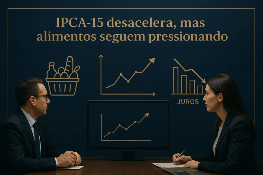 Analistas observando gráficos de inflação e cesta de alimentos