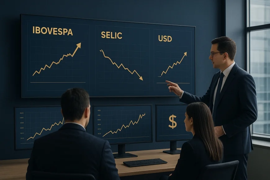 Analistas em mesa de tesouraria observando telas com dólar, juros e bolsa