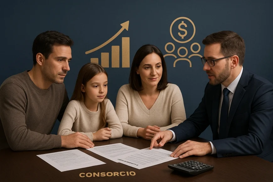 Família e empresário comparando parcelas e documentos de consórcio