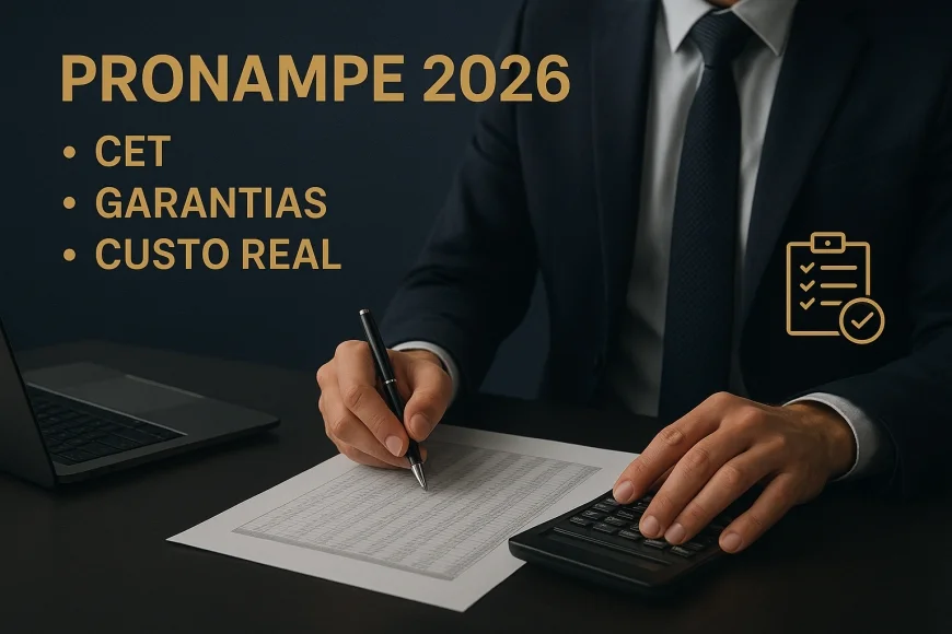 Empresário analisando planilha de crédito com calculadora e documentos financeiros