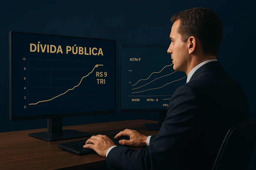 Analista financeiro revisando curva de juros e dívida soberana em telas