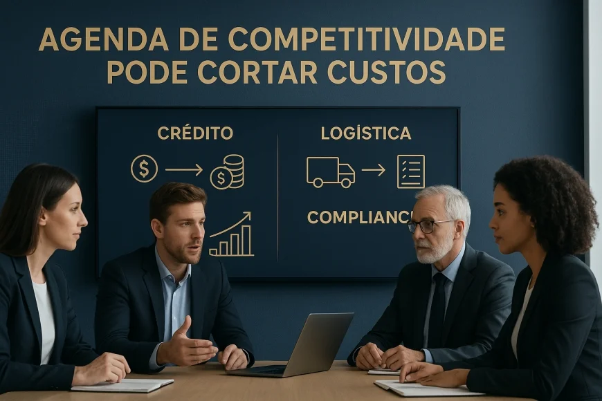 Executivos analisando custos operacionais e fluxos regulatórios em reunião corporativa