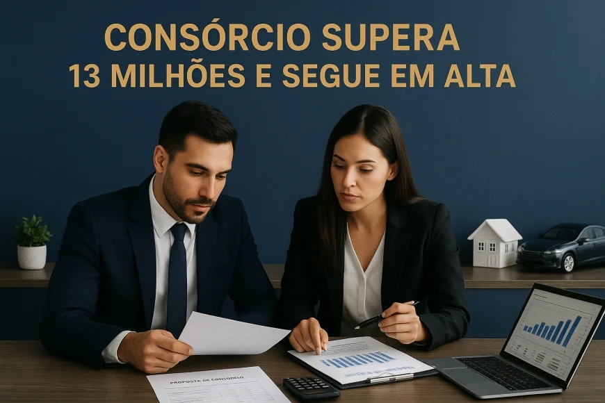 Empresário e consultora analisando consórcio com planilha, carro e planta de imóvel