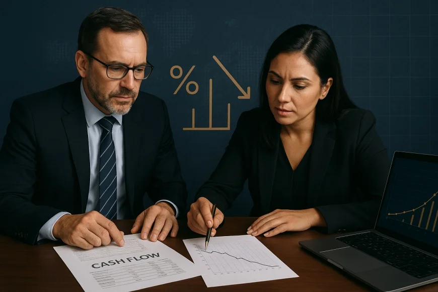 CFO e tesoureira analisando fluxo de caixa e curva de juros corporativos