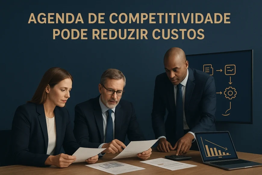 Executivos avaliando processos digitais e custos operacionais em reunião corporativa