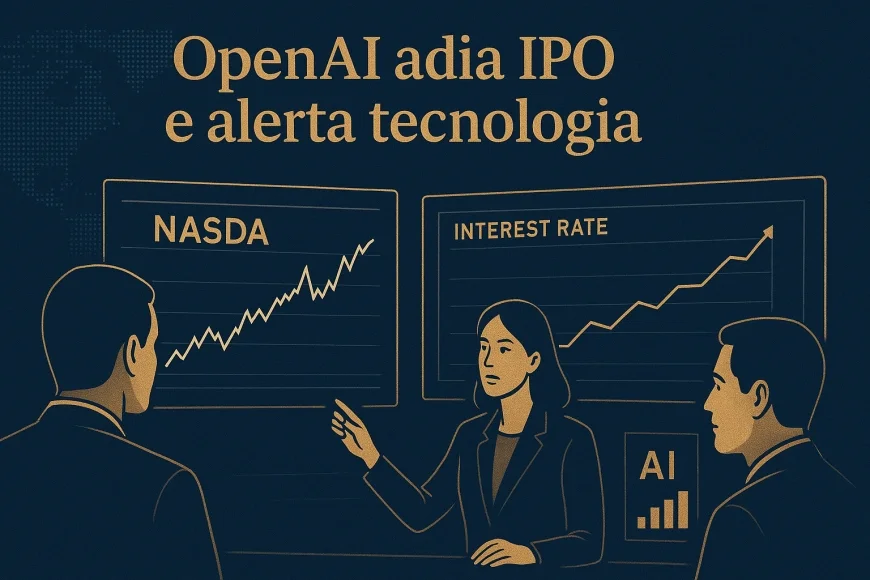 Executivos analisando telas com Nasdaq e curva de juros em reunião sobre IA