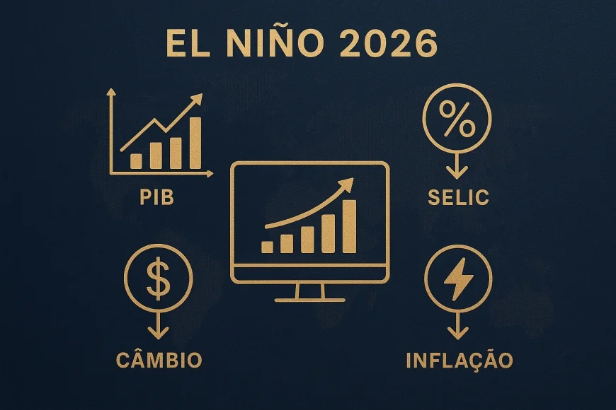 Mesa financeira com gráficos climáticos, dólar e indicadores macroeconômicos