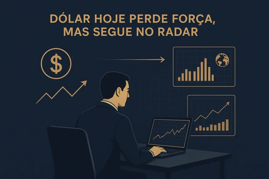 Analista em mesa de câmbio observando gráfico semanal do dólar e fluxo estrangeiro